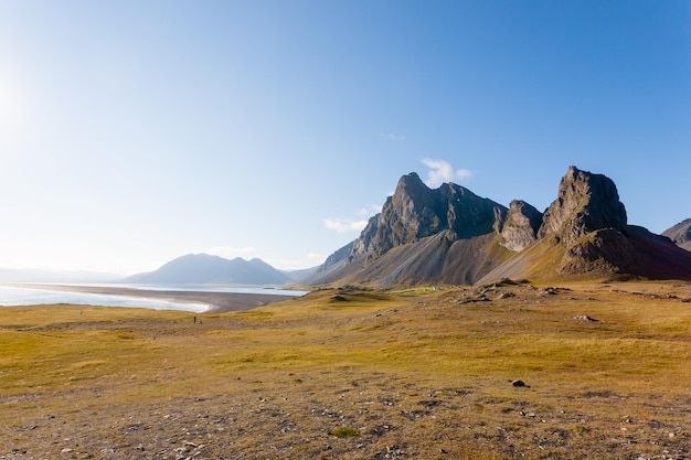 Punto di riferimento dell'islanda orientale del paesaggio della spiaggia della lava di hvalnes