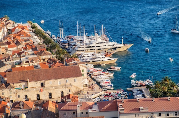 Hvar island Croatia Marina View of the town from the castle Landscape in summer time Bay with yachts and boats