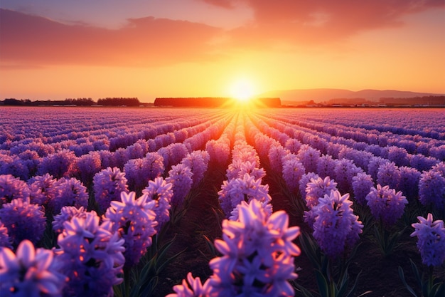 Hyacintenvelden bloeien onder een adembenemende, fantastische zonsondergangschoonheid