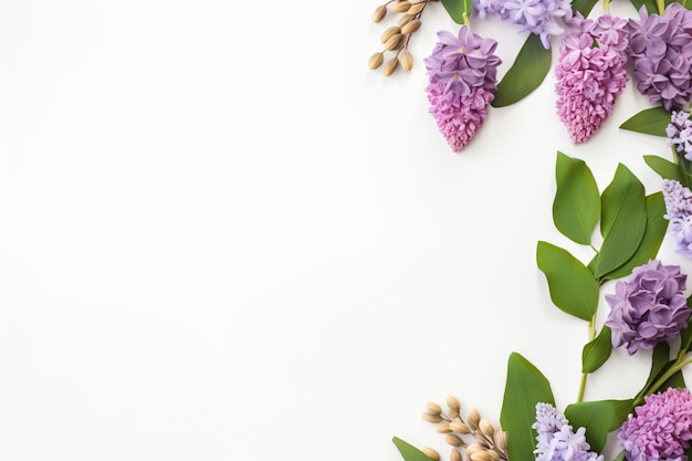 hyacinth and eucalyptus on white background copy space