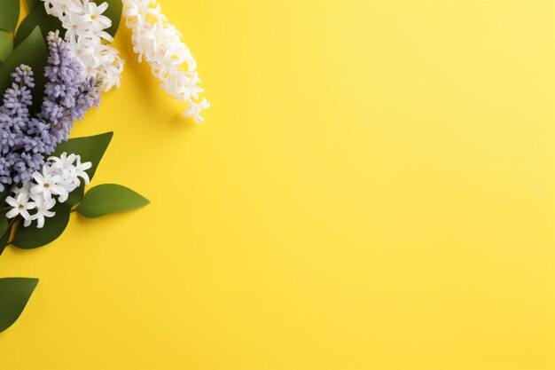 Photo hyacinth and eucalyptus on yellow background copy space