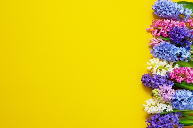 Hyacinth flowers bouquet on yellow table. Top view, copy space.