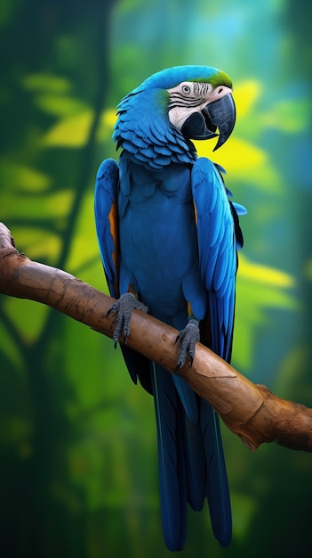 Hyacinth Macaw on Tree Branch in Amazon Jungle