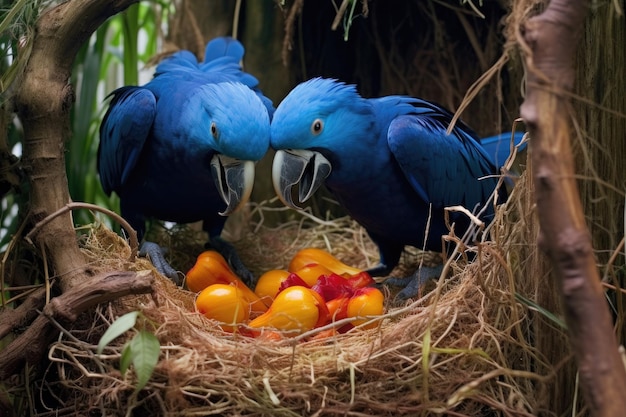 Hyacinth macaws delen een maaltijd van een vrucht gemaakt met generatieve ai