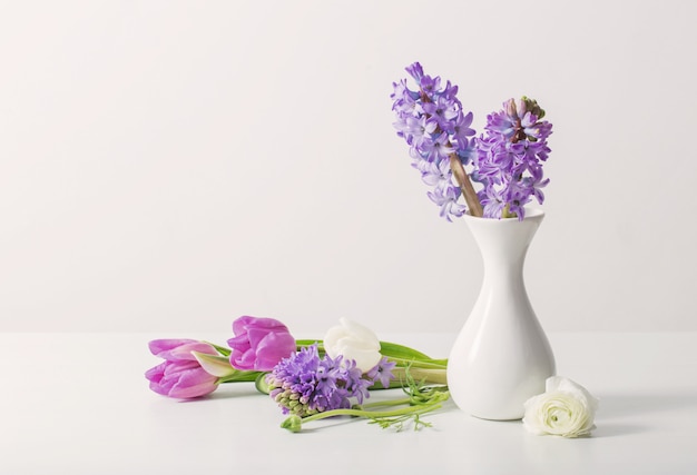 白い背景の上の花瓶のヒヤシンス