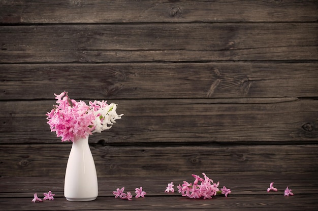 Hyacinth in white vase on dark old wooden background