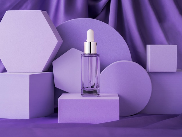 Hyaluronic acid serum bottle on purple background displayed on geometric shape podiums on silk