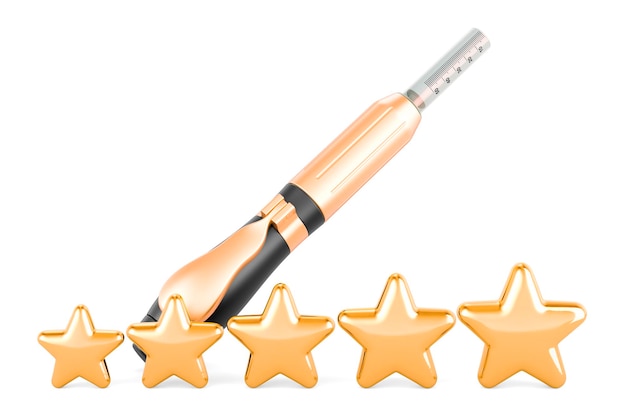 Hyaluronic pen with five golden stars 3D rendering isolated on white background