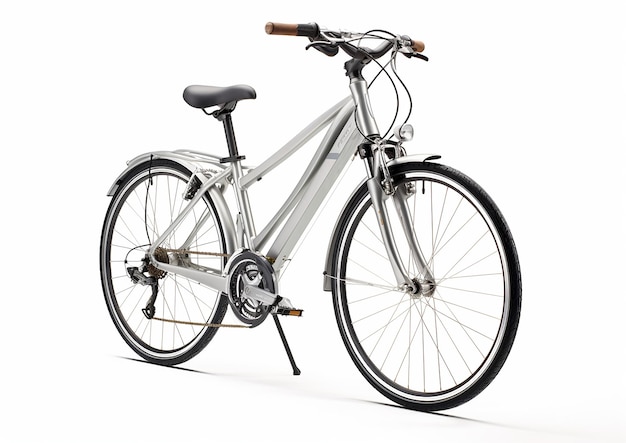 a Hybrid bicycle in silver on a white background