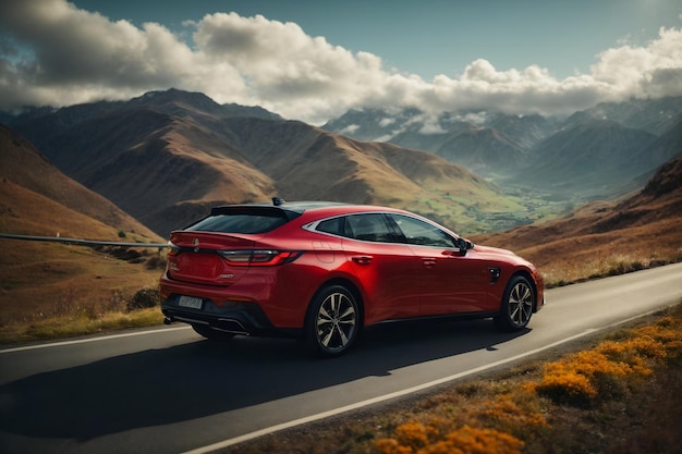 A hybrid car driving through a scenic mountain road