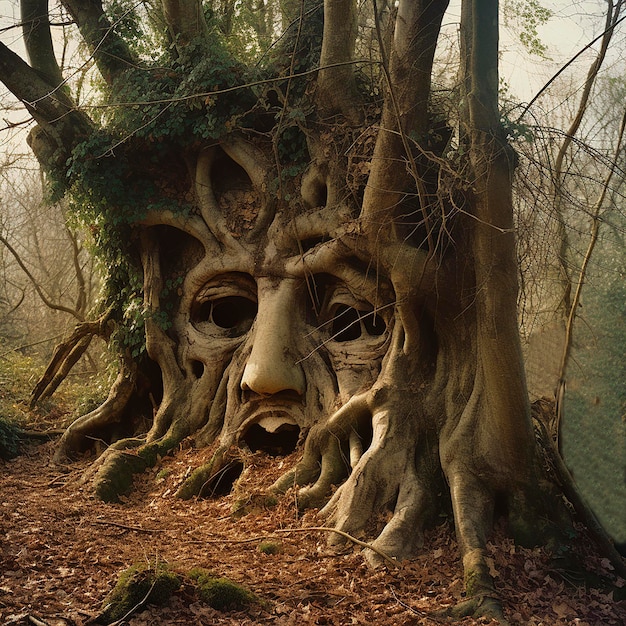 Foto ibrido di uomo e goblin degli alberi i contorni di un viso umano sono visibili nel tronco dell'albero