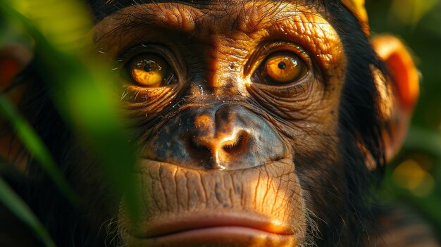 hybrid monkey portrait blend of chimpanzee and bonobo traits expressive eyes jungle background photorealistic contemplative dappled sunlight AI Generative