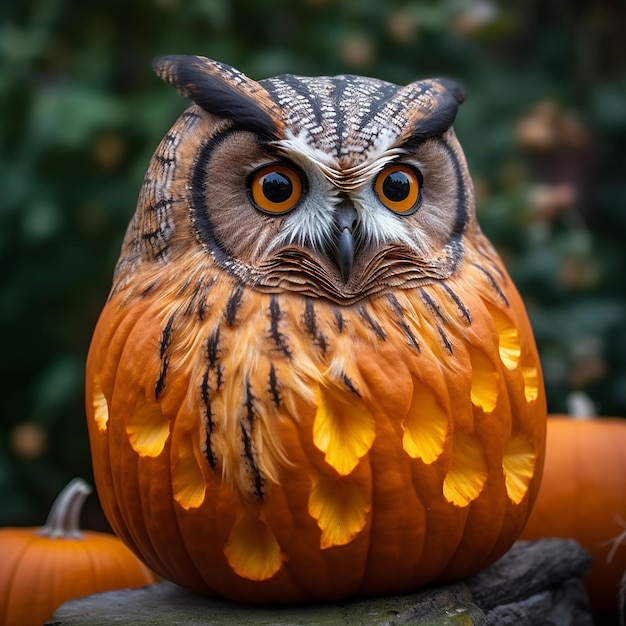 hybrid of owl and Halloween pumpkin horror nightmare Halloween background