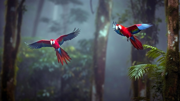 Hybride papegaaien in het bos Maca papegaai vliegend in donkergroene vegetatie Zeldzame vorm Ara macao