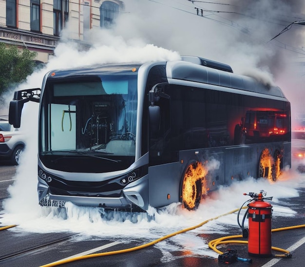 Hybride stadsbus brandt onder het chassis brandweerman past schuim toe om vlammen te blussen grote rook