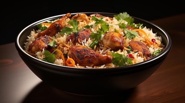 Hyderabadi kip Dum Biryani met kippenpootstuk geïsoleerd op een witte achtergrond