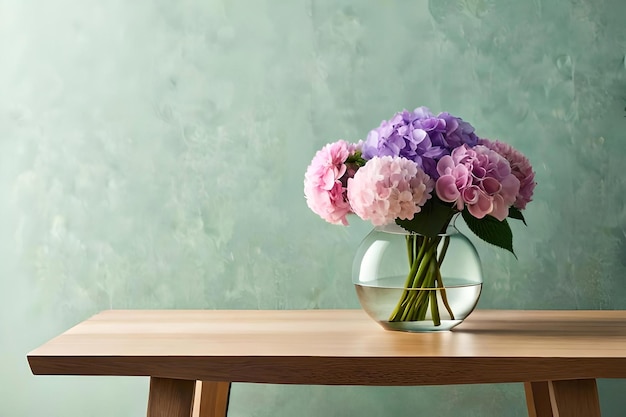 Hydrangea arrangement in a vase on a light green background with a wooden minimalist mobile as minim...