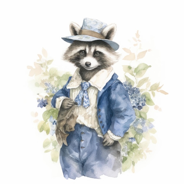 Hydrangea Design Raccoon Watercolor AI Generated