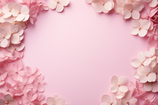 Hydrangea flower frame on pink background conveying love on special days