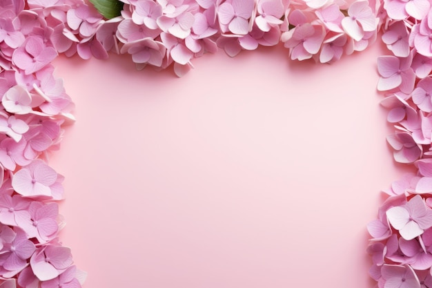 Hydrangea flower frame on pink background Generative AI illustration