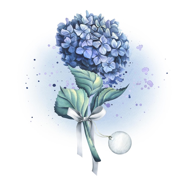 The hydrangea flower is blue with a grey satin bow and a paper tag on a rope Watercolor illustration Composition from the collection of WEDDING FLOWERS For decoration and design decor