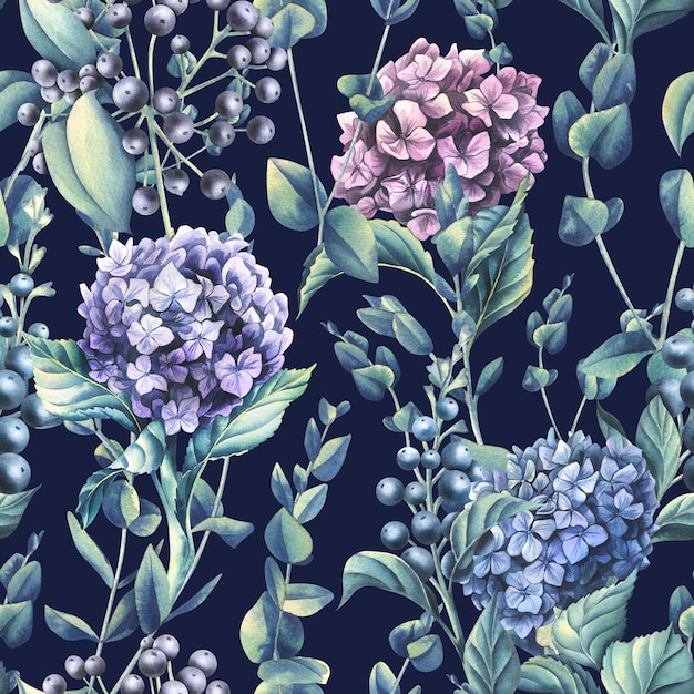 어두운 배경에 유칼립투스 가지가 있는 파란색 라일락과 분홍색 꽃의 수국 꽃 수채화 그림 장식 디자인을 위한 웨딩 플라워 컬렉션의 원활한 패턴