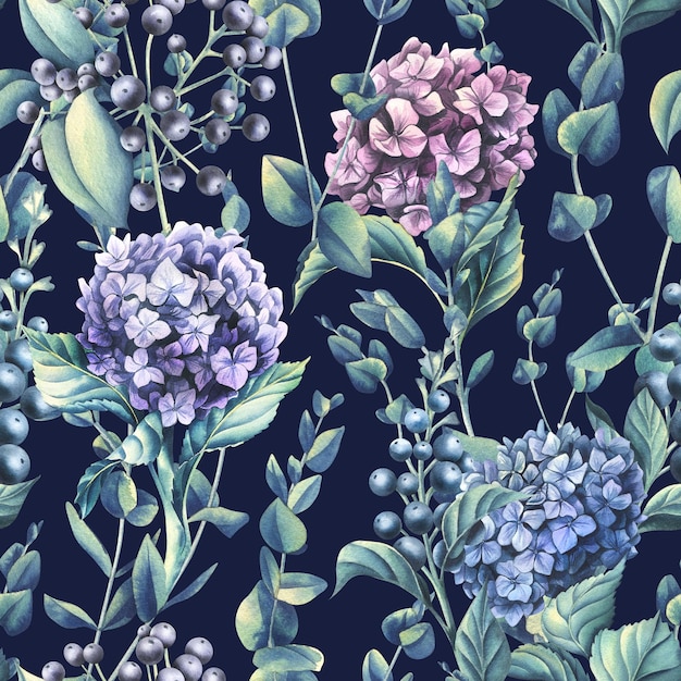 hydrangea flowers of blue lilac and pink flowers with eucalyptus branches on a dark background watercolor illustration seamless pattern from the wedding flowers collection for decoration design