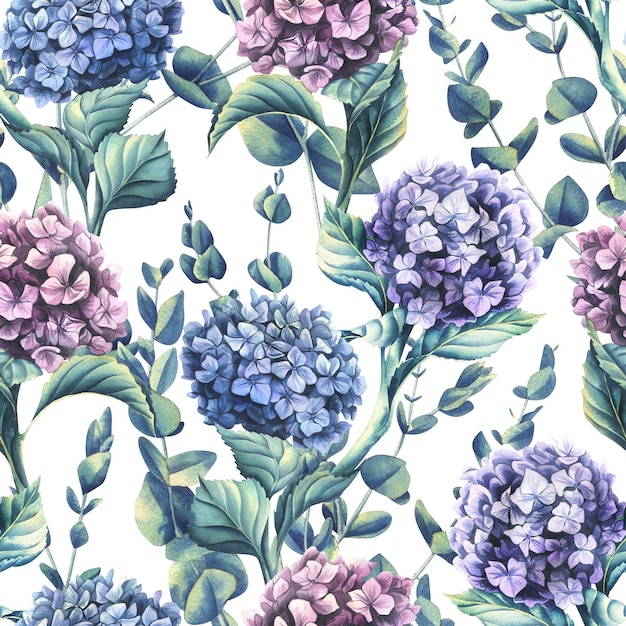 흰색 배경에 유칼립투스 가지가 있는 파란색 라일락과 분홍색 꽃의 수국 꽃 수채화 그림 장식 디자인을 위한 웨딩 플라워 컬렉션의 원활한 패턴