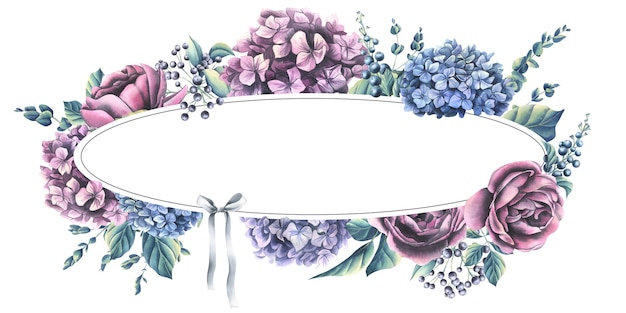 Hydrangea flowers roses and decorative leaves berries eucalyptus twigs Watercolor illustration Oval frame from the WEDDING FLOWERS collection For invitations certificates postcards lists