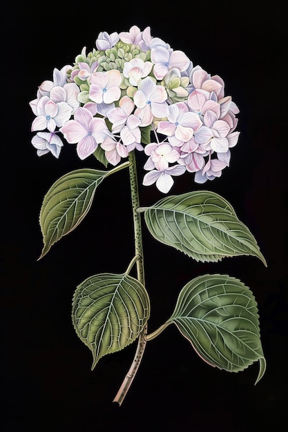 Photo hydrangea spp collage with various botanical illustrations