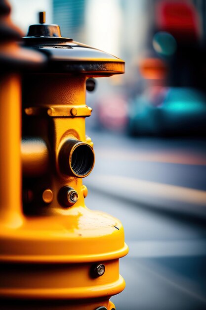 Hydrant closeup on the background of a blurred city