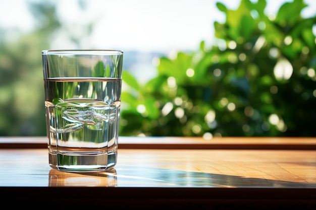 Hydratatie op zijn best Een glas kristalhelder water op houten vloeren