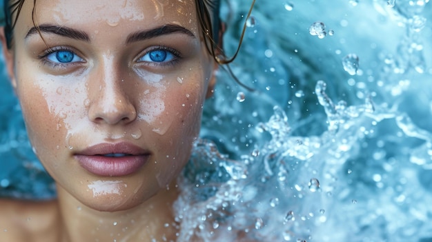 Photo hydrated skin beauty with captivating blue eyes and water droplets