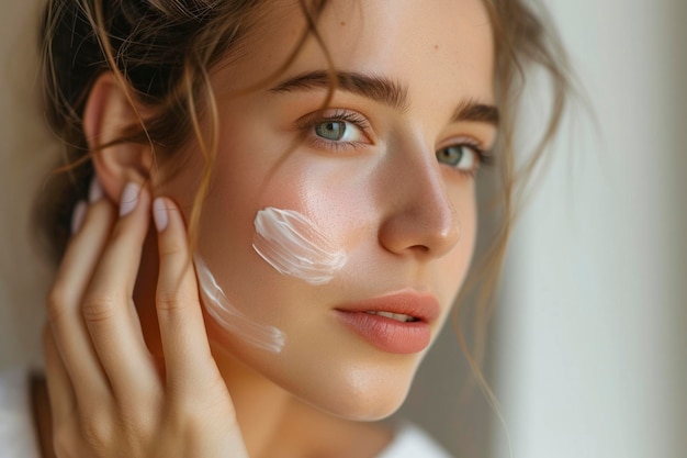 写真 hydration cream smear beauty close up portrait of young woman with a healthy glowing skin