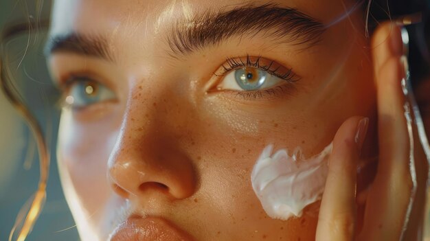 사진 수분 크림 스미어 건강하고 반이는 피부를 가진 젊은 여성이 피부 관리 제품을 적용하는 아름다운 근접 초상화