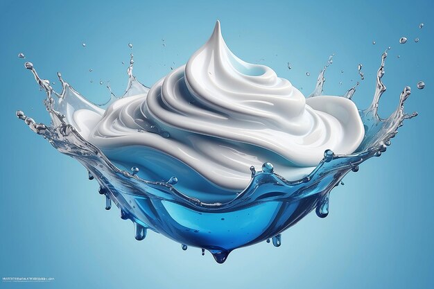 Foto effetto liquido di idratazione crema spruzzante e consistenza liquida isolata su sfondo blu nell'illustrazione 3d