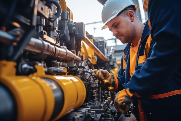 Hydraulic engineer checking safety New installation of modern industrial machinery Collection of industrial work