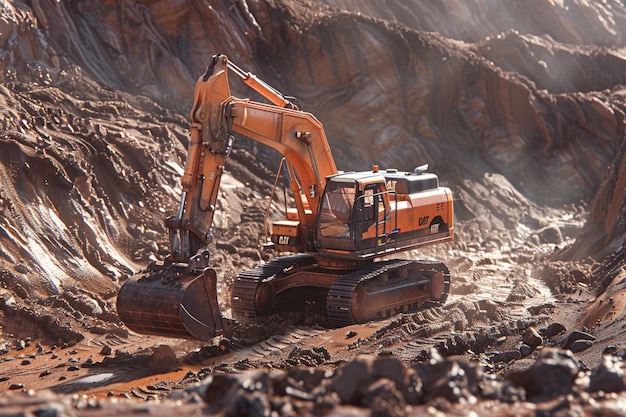 Hydraulic excavator digging into the earth with pr