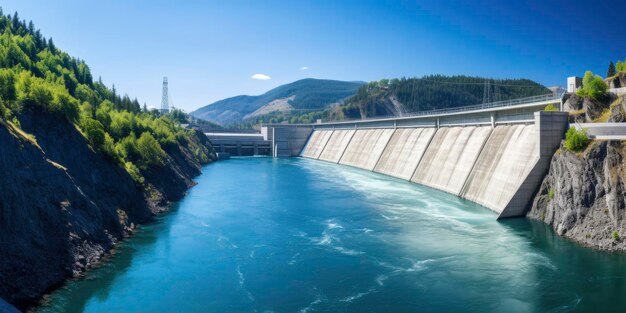 Foto hydro-elektrische dam die groene energie genereert uit stromend water