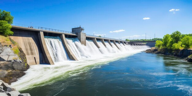 Foto hydro-elektrische dam die groene energie opwekt uit stromend water