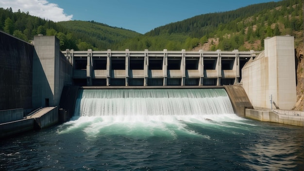 Foto hydro-elektrische dam die water krachtig vrijlaat