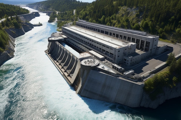 Foto hydro-elektrische dam in actie hernieuwbare energieopwekking