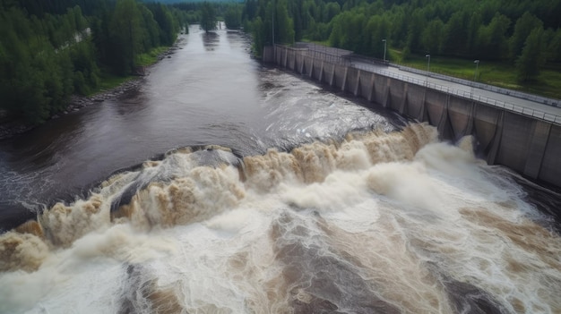 Hydro-elektrische dam met stromend water door poort Bovenaanzicht met generatieve AI-technologie