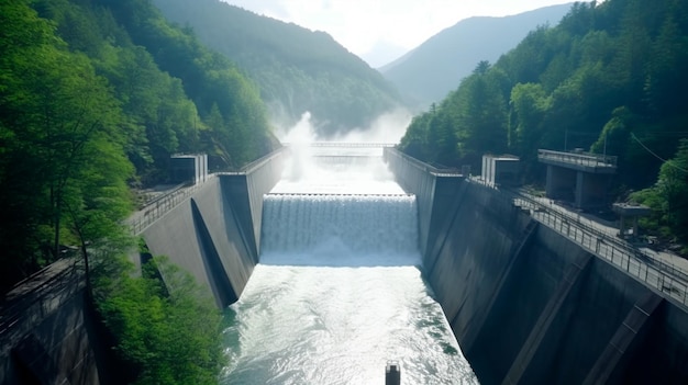 Hydro-elektrische dam met trapsgewijze waterwerkers in veiligheidsuitrusting die de infrastructuur inspecteren, omringd door weelderig groen Generatieve AI