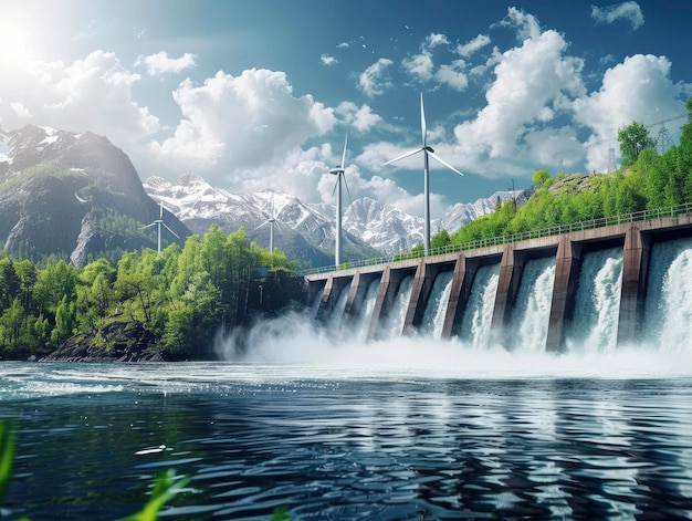 Photo hydro power renewable green energy banner with copyspace saturated solid background bright colors