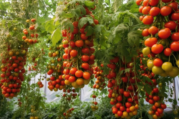 Hydrocultuur tomatenplanten met hangende rijpe vruchten gemaakt met generatieve ai