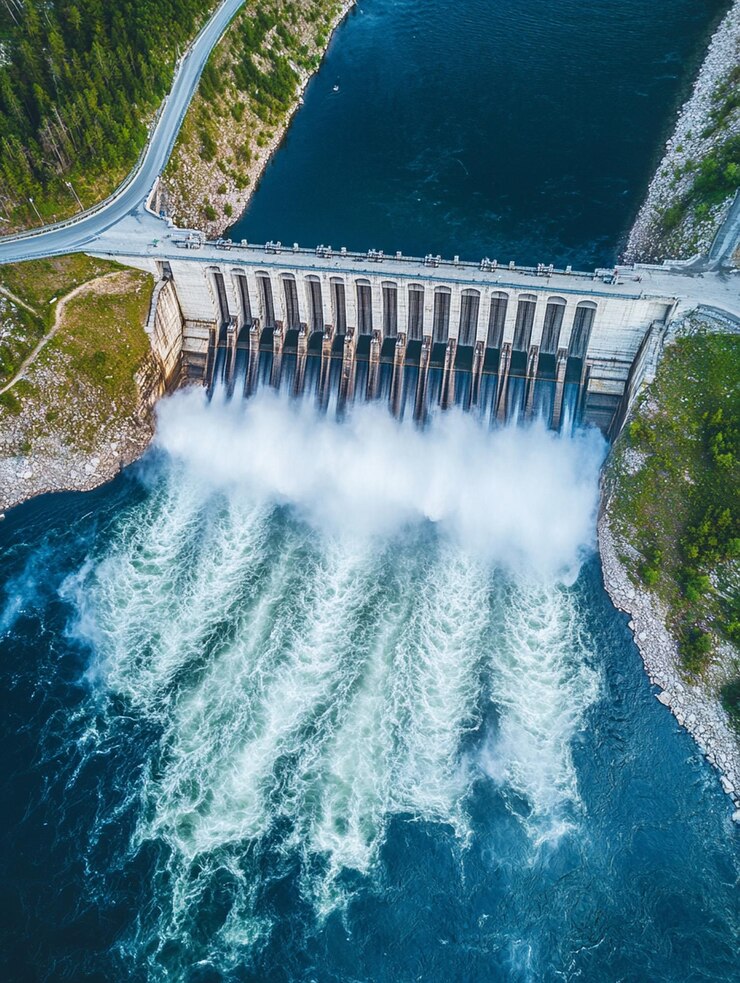 Фотография гидроэлектростанция на реке сброс воды из водохранилища аэрофото