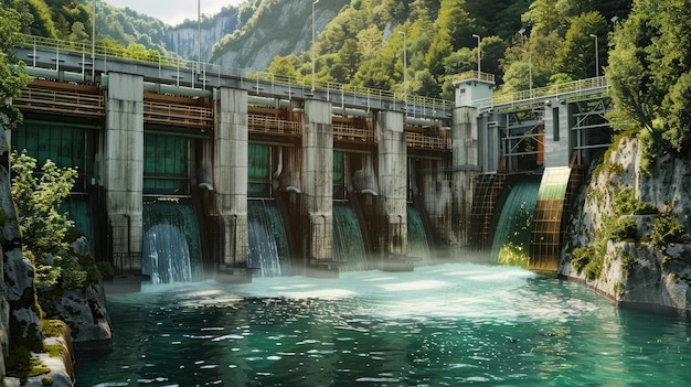 Photo hydroelectric power energy plant with turbines and water spills for generating green electricity free