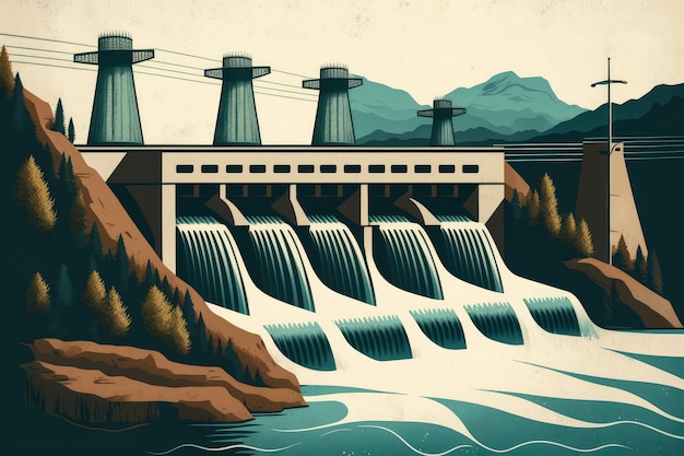 Photo hydroelectricity in motion vector style illustration of a dam and turbines harnessing the power