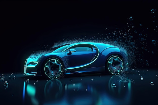水素自動車 水素燃料電池電気自動車 青いネオンのモダンな未来の車